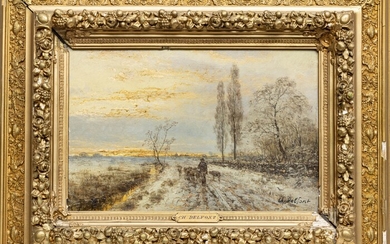 CHARLES DELFONT, FRENCH OIL ON BOARD, C 1870 H 10" W 15" SNOW SCENE