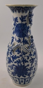 CHINESE ANTIQUE blue and white vase with raised dragons form...