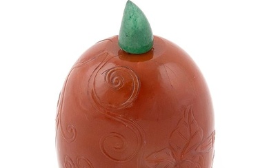 CHINESE CARVED AGATE SNUFF BOTTLE Late 19th Century Height 2". Stem-form green jade stopper.
