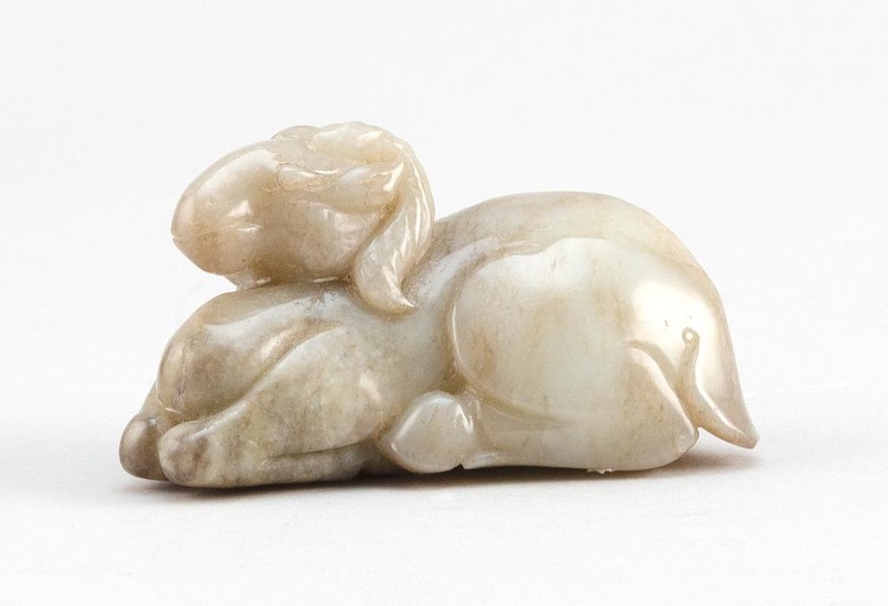 CHINESE GRAY/BROWN JADE CARVING OF A RECLINING RAM Length 3.2".