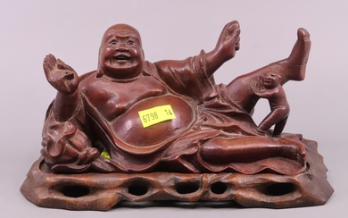 CHINESE HAND CARVED 2 PIECE BUDDHA ON CARVED STAND -A/F