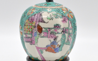CHINESE TIN, GEISHAS IN THE GARDEN, PORCELAIN WITH WOODEN BASE, GREEN, PUMPKIN SHAPED, CHINA, AROUND 1960S.