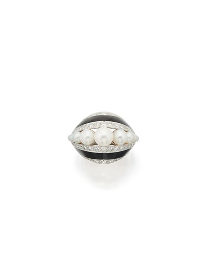 CULTURED PEARL, DIAMOND AND ENAMEL RING, TIFFANY & CO.