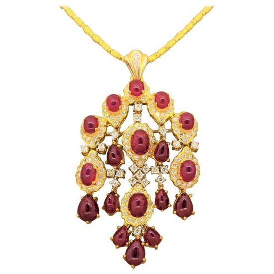 Cabochon Ruby Diamond Gold Chandelier Pendant and