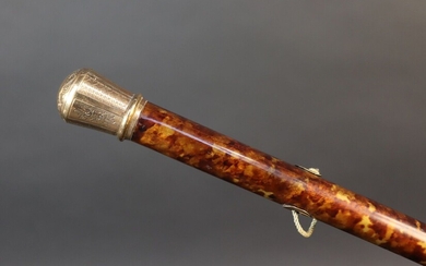 Cane with a tortoiseshell style shaft. Milord pommel and gold loops. 86.5 cm high.