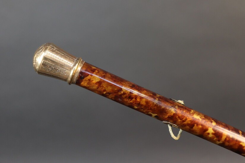 Cane with a tortoiseshell style shaft. Milord pommel and gold loops. 86.5 cm high.