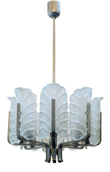 Carl Fagerlund (1915-2011) for Orrefors, Eight light chandelier, circa 1970, Glass, steel, 83cm high, 48cm wide It is the buyer's responsibility to ensure that electrical items are professionally rewired for use.