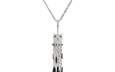 Cartier 'Panthère' Diamond, Onyx and Emerald Pendent Necklace | 卡地亞 | 'Panthère' 鑽石 配 縞瑪瑙 及 祖母綠 項鏈
