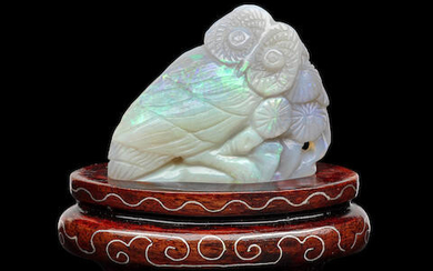 Carved Opal Owl on a Wooden Stand