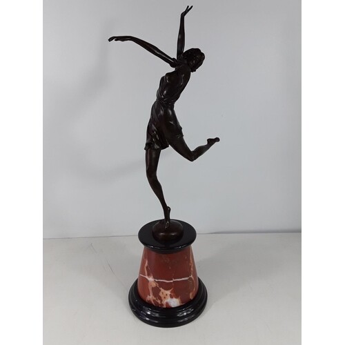 Cast bronze dancing lady on marble plinth approx 26 inches t...