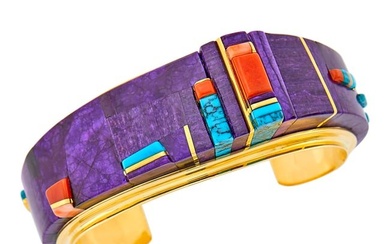 Charles Loloma Gold, Sugilite, Coral and Turquoise Cuff Bangle Bracelet