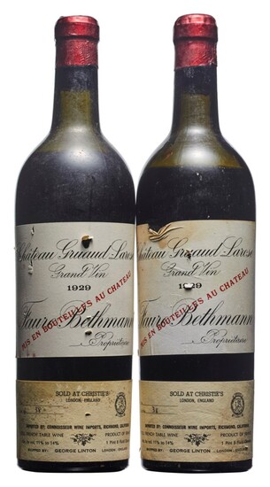Château Gruaud-Larose 1929, Saint-Julien, 2ème cru classé Worn capsules, slightly bin-soiled labels, one damaged and slightly stained, ex. Christie's sale Levels one mid and one low shoulder