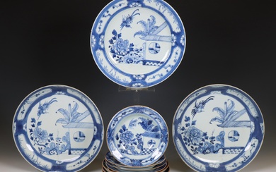China, a collection of blue and white porcelain 'Cuckoo in the House' dishes, 18th century