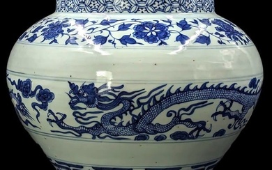 Chinese Blue And White Porcelain Planter, Decorated With Flowers And A Dragon
