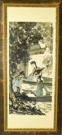 Chinese Watercolor & Ink Painting Woman Mandolin