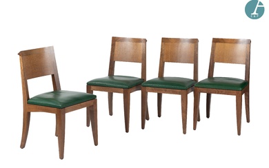 Christian LIAIGRE (1943- 2020) Lot de quatre chaises En bois teinté, tapissées de cuir vert...
