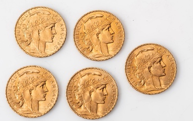 Cinq pièces en or de 20 Francs Coq (5 x 1910).... - Lot 23 - Rossini