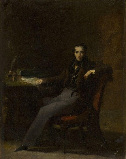 Circle of George Chinnery, British 1774-1852- Portrait of a gentleman small full-length, seated at a desk in an interior; oil on canvas, 25.8 x 20.8 cm. Provenance: Private Collection, UK.