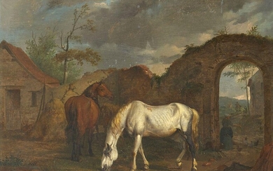 Circle of Philips Wouwerman, Dutch 1619-1668- Horses by a dwelling, an opening onto a Dutch landscape beyond; oil on panel, bears old label attached to the reverse of the frame, 31.6 x 36.8 cm. Note: The present work was conceived by an artist who...