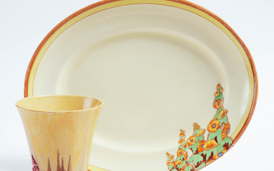 Clarice Cliff 'Bizarre' 'My Garden' Vase and 'Sunshine' Oval Platter, 1930s