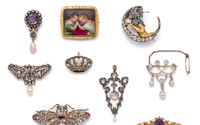 Collection of gem-set and diamond brooches and a pendant, 19th century to early 20th century