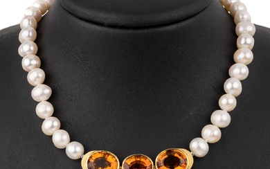 Collier de perles de culture avec fermoir bijou en or 14 carats et citrine, GG...