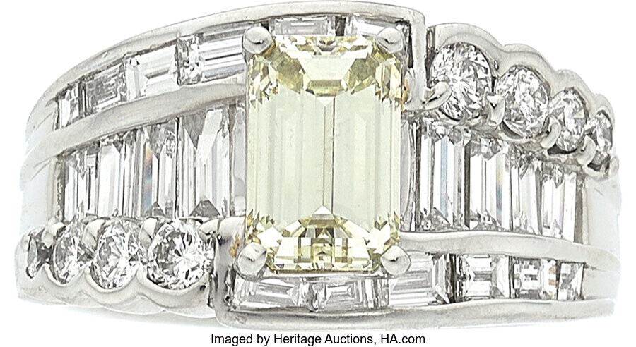 Colored Diamond, Diamond, Platinum Ring Stones: Emerald-cut yellow diamond...