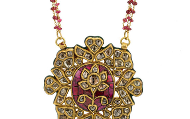 Colored Diamond, Ruby, Gold Necklace Stones: Polki and rose-cut...