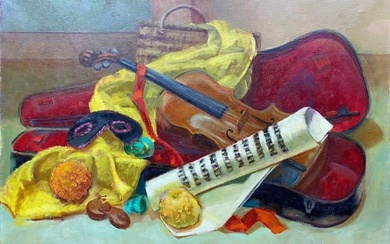 Colourful 20th Century French Impressionist - Musicians Violin Masque Still Life 20th Century