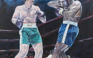 Corrie Sanders vs Hasim Rashman Oil on Canvas Boxing Painting 35 3/4"H x 37 1/2"W(sight), 38"H x 39 1/4"W(frame)