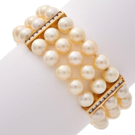Cultured Pearl, Diamond, 14k Yellow Gold Bracelet