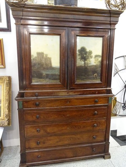 Cupboard, Two doors with signed 19th century Italian school landscapes - Georgian - Mahogany - First half 19th century