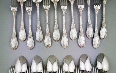 Cutlery set, Suite of 12 dessert cutlery (24) - .950 silver - Paul Tallois - Paris - France - Late 19th century