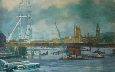 David Mynett, British 1942-2013- A view of the London Eye with Westminster Palace; watercolour and gouache on paper, signed lower left, 50 x 35 cm (ARR)