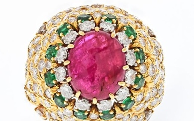 David Webb 18K Yellow Gold 1970's Ruby Diamond and Emerald Cocktail Ring