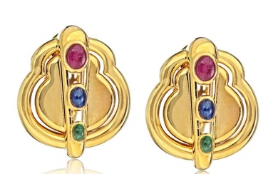 David Webb Circa 1970's Platinum & 18K Yellow Gold Ruby Emerald Sapphire Earrings