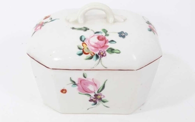 Derby canted rectangular butter tub and cover, circa 1760-65, polychrome painted with floral sprays, with red-painted rims, 12cm across