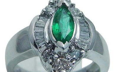 Diamond Emerald Ring 14K White Gold Band Vintage Estate
