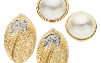 Diamond, Mabe Pearl, Gold Earrings Stones: Single-cut diamonds weighing...