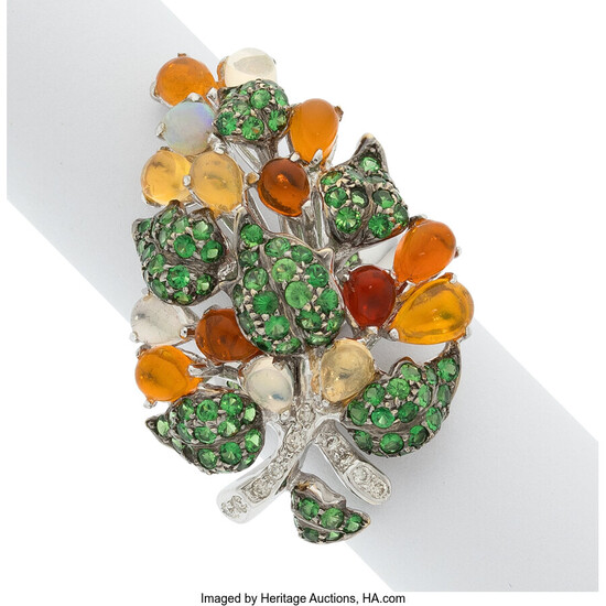 Diamond, Tsavorite, Opal, White Gold Ring Stones: Opal cabochons;...