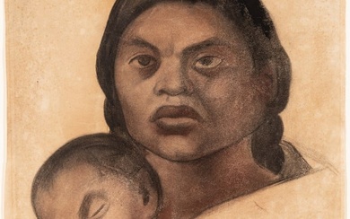 Diego Rivera (Mexican, 1886-1957) Charcoal And Pastel on Paper, 1926, "Mother And Child", H 18.8" W
