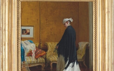 EDOARDO TOFANO (NAPLES 1838 - 1923 ROME), 'Contrarieta !' : une Elégante au Shih-Tsu dans un intérieur