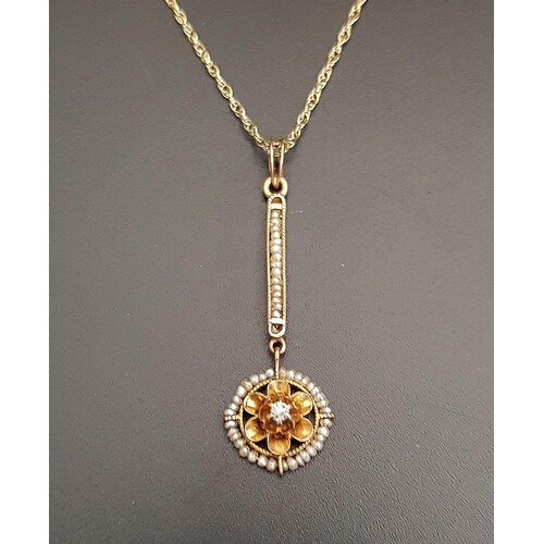 EDWARDIAN DIAMOND AND SEED PEARL PENDANT the lower drop with...