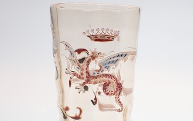 EMILE GALLE NANCY Vase en verre, émaillé, à décor d'un dragon, de fleurs et d'une...