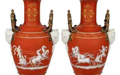 ENGLISH HAND-PAINTED PORCELAIN GRECIAN-STYLE VASE PAIR
