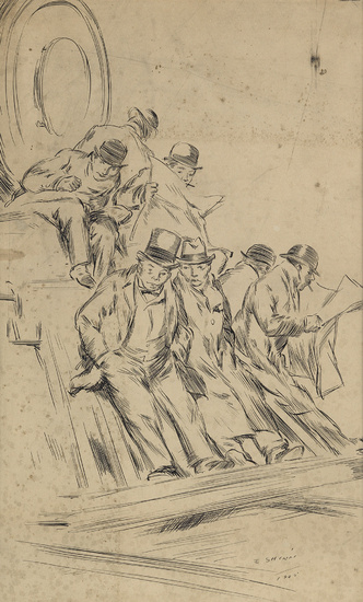 EVERETT SHINN The Commuters (Businessmen on the Front of a Railroad Locomotive). Pen...