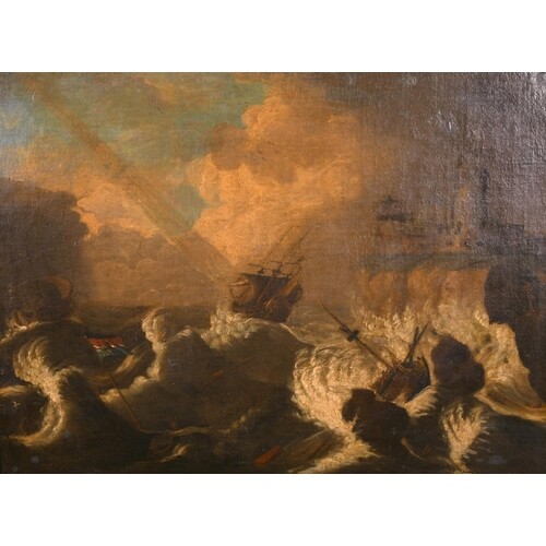 Early 19th Century Dutch School. Ships in a Stormy Sea, Oil ...