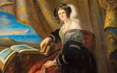 Ecole Anglaise du XIXème siècle, Portrait d'une dame de qualité, huile sur toile, restaurations anciennes,...