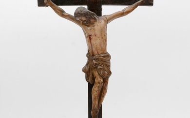École espagnole du XVIIe siècle. "Le Christ crucifié". Sculpture en bois polychrome. Dimensions : 20...