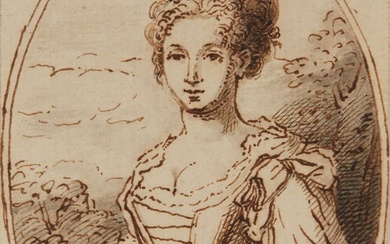 École italienne du XVIIIème siècle Portrait de femme inscrit dans un ovale Plume et encre...